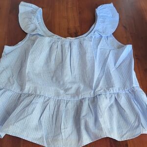 Kaileigh Light Blue Pinstripe Ruffled Sleeveless Top Size L